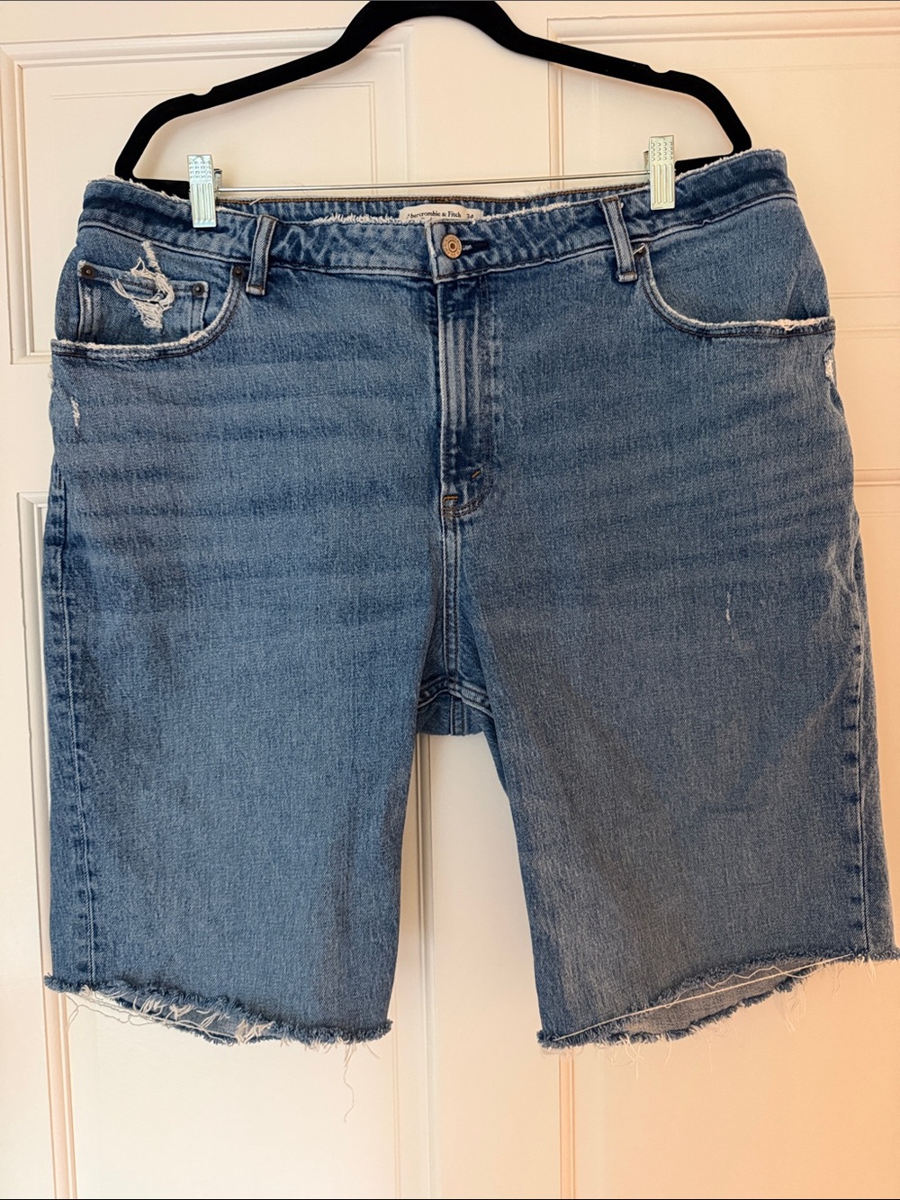 High-Rise Distressed Denim Bermuda Shorts - Blue